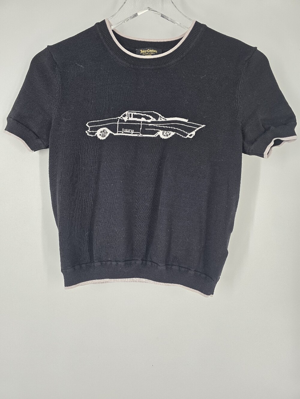 Juicy Couture Black Label Black Car Short Sleeve Crop Sweater Size M Fits Small